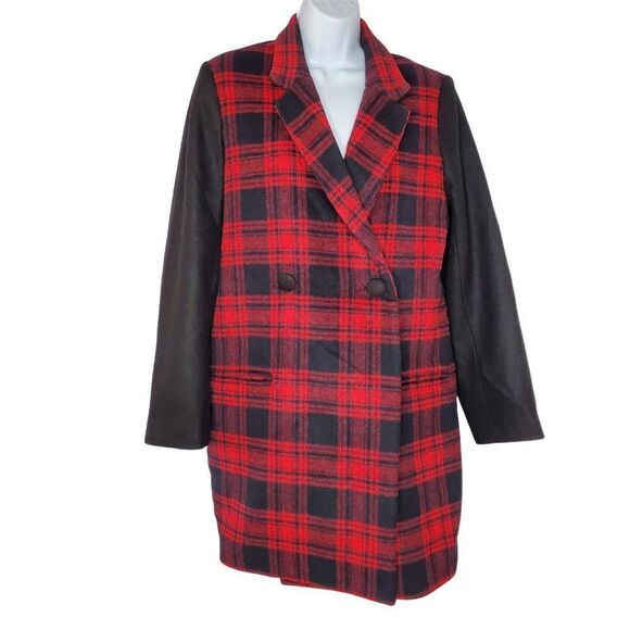 NEW Gap Wool Blend Plaid Coat Sz M Red Black Double Breasted - Picture 1 of 4